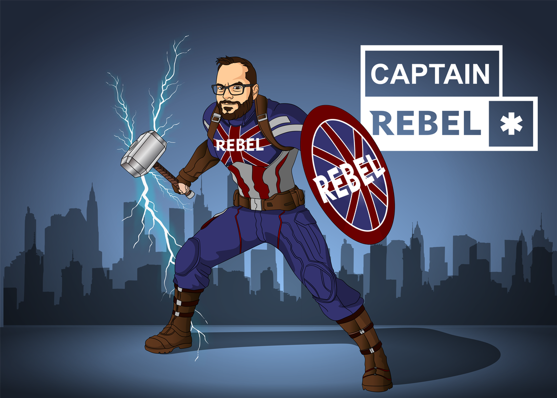 Alan Donegan dressed as Captain Rebel, Shield in one hand and mighty hammer in the other